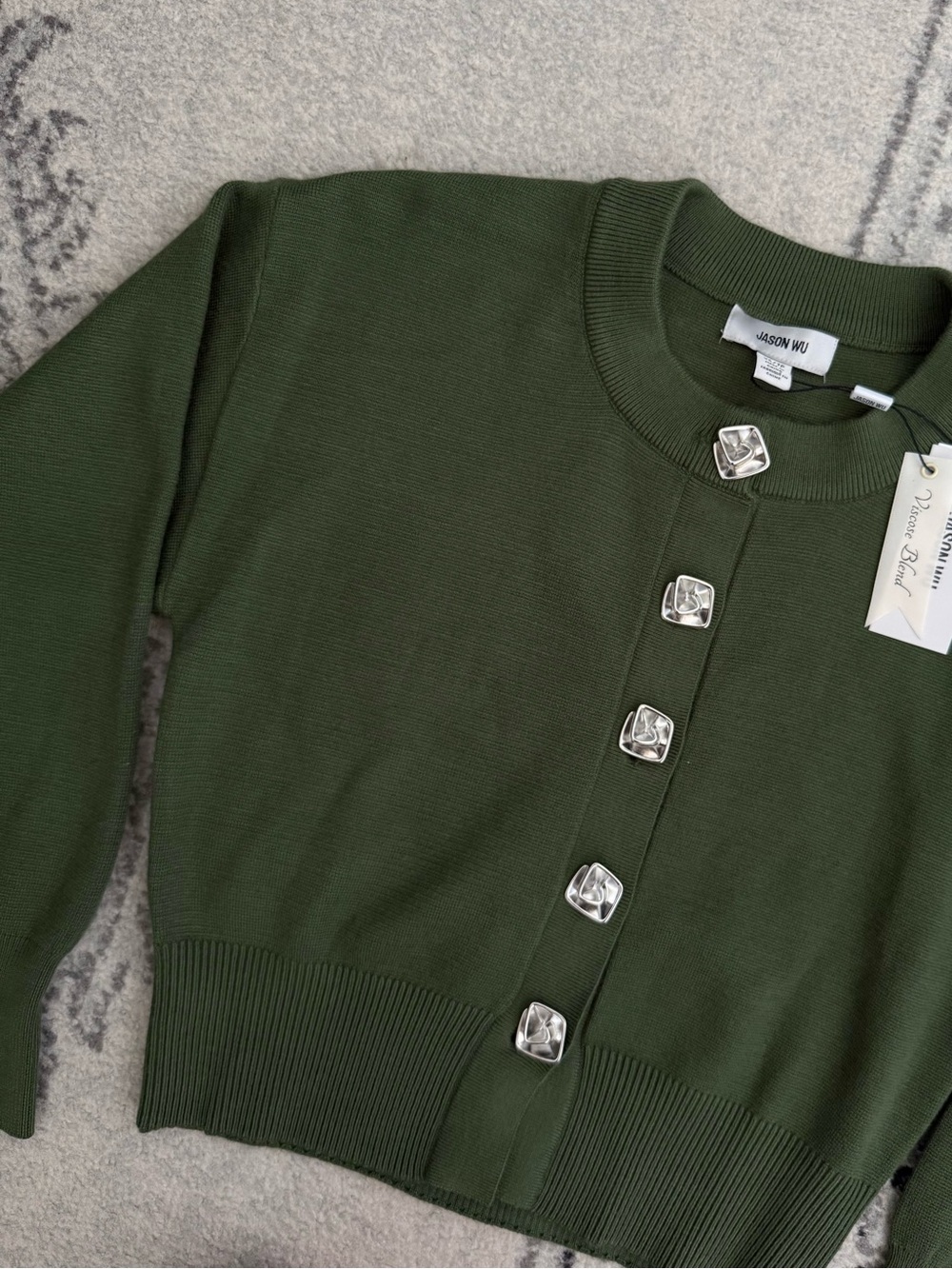 Jason Wu Green Viscose Blend Cardigan NWT Silver Statement Buttons